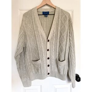 Vintage Towncraft Cable Knit Button Up Cardigan Sweater L Grandpa Fisherman Gray